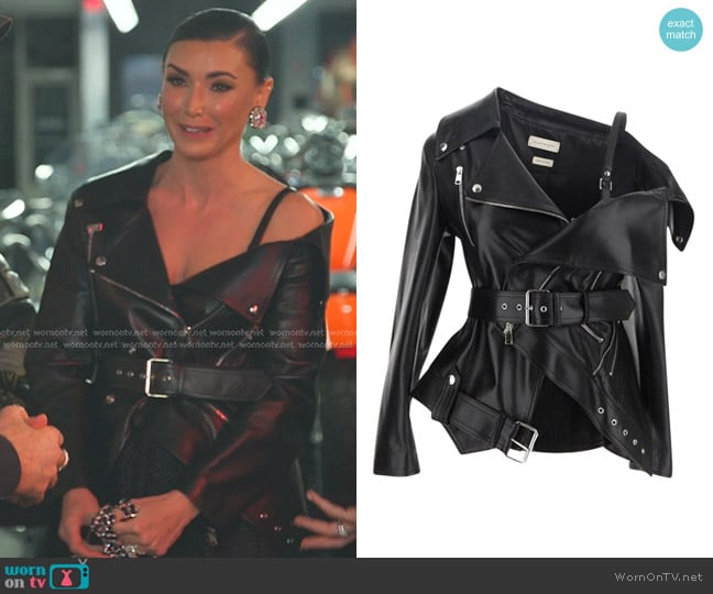 Alexander McQueen Asymmetric Leather Jacket worn by Bronwyn Newport on The Real Housewives of Salt Lake City