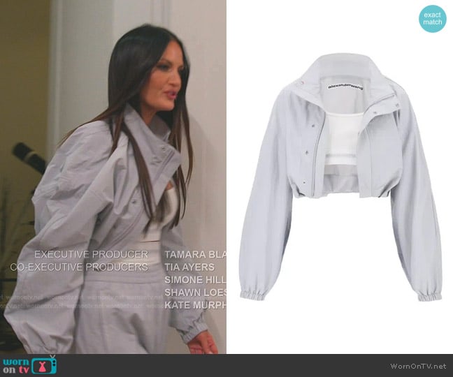 Alexander Wang Bolero Track Jacket with Bralette in Microchip worn by Lisa Barlow on The Real Housewives of Salt Lake City