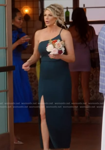 Alexis’s teal one shoulder maxi dress on The Real Housewives of Orange County