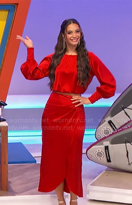 Alexis's red satin crop blouse and maxi skirt set on The Price is Right