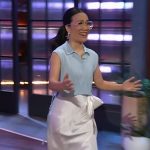 Ali Wong’s blue sleeveless polo and skirt on The Kelly Clarkson Show