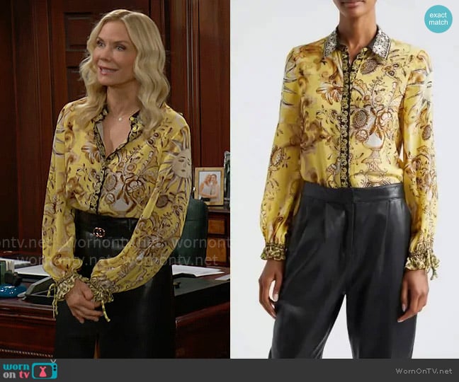 Alice + Olivia Willa Shirt in Lisboa Lemon Meringue worn by Brooke Logan (Katherine Kelly Lang) on The Bold and the Beautiful