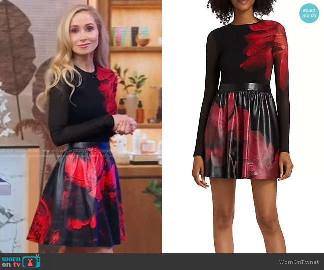 Alice + Olivia Chara Faux-Leather & Mesh Dress in Peony Petals Bright Ruby worn by Dr. Whitney Bowe on Good Morning America