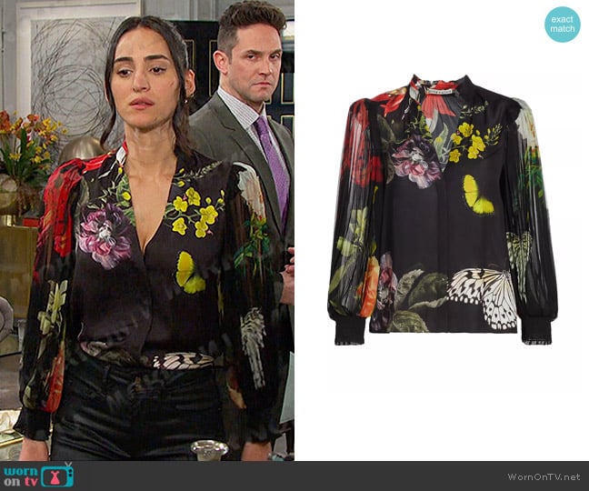 Alice + Olivia Ilan Floral Blouson Shirt in Essential Floral worn by Gabi Hernandez (Cherie Jimenez) on Days of our Lives