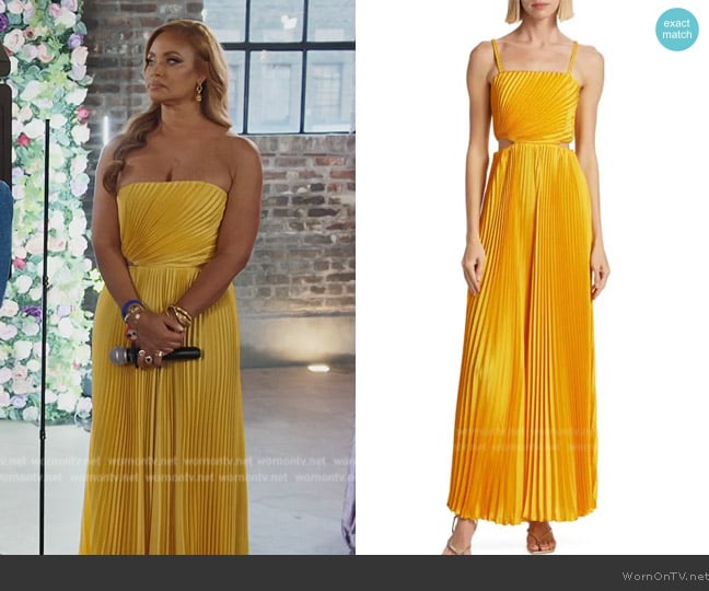 Alice + Olivia Powell pleated Cutout satin wide-leg jumpsuit worn by Gizelle Bryant on The Real Housewives of Potomac