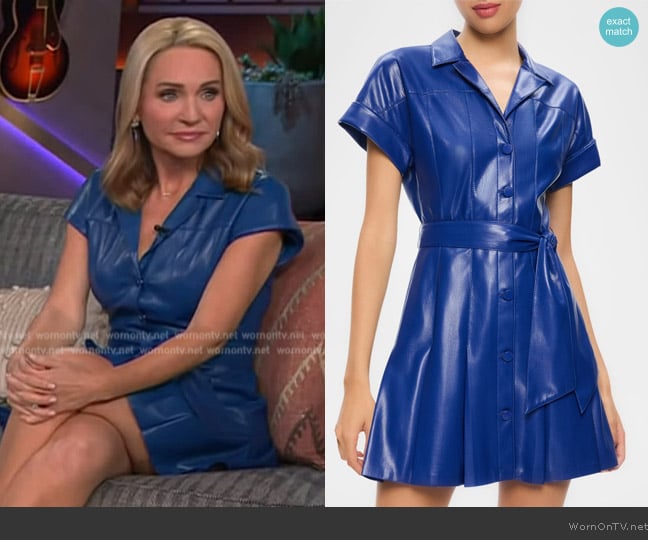 Alice + Olivia Shirley Faux-Leather Mini Shirtdress worn by Andrea Canning on The Kelly Clarkson Show