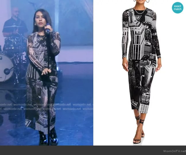 Alice + Olivia Delora midi dress worn by Alessia Cara on Live with Kelly and Mark