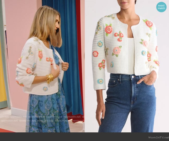 Erin’s white floral embroidered jacket on RHONY