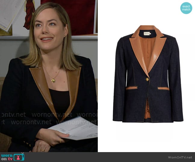 Alice + Olivia Breann Denim Vegan Leather Blazer worn by Hope Logan (Annika Noelle) on The Bold and the Beautiful