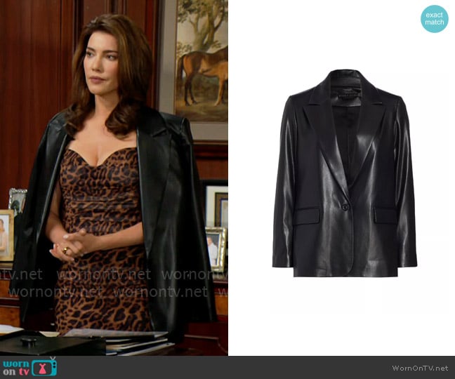 Alice + Olivia Denny Vegan Leather Blazer in Black worn by Steffy Forrester (Jacqueline MacInnes Wood) on The Bold and the Beautiful