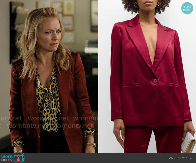 Alice + Olivia Denny Satin Boyfriend Blazer worn by Lorna Crane (Becki Newton) on The Lincoln Lawyer