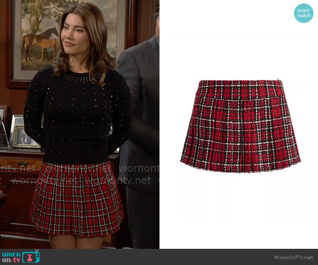 Alice + Olivia Mera Skirt in Schoolgirl Plaid Bright Ruby worn by Steffy Forrester (Jacqueline MacInnes Wood) on The Bold and the Beautiful