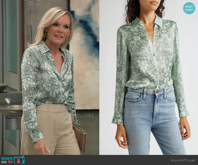 Alice + Olivia Eloise Blouse in Vanity Pistachio worn by Ava Jerome (Maura West) on General Hospital