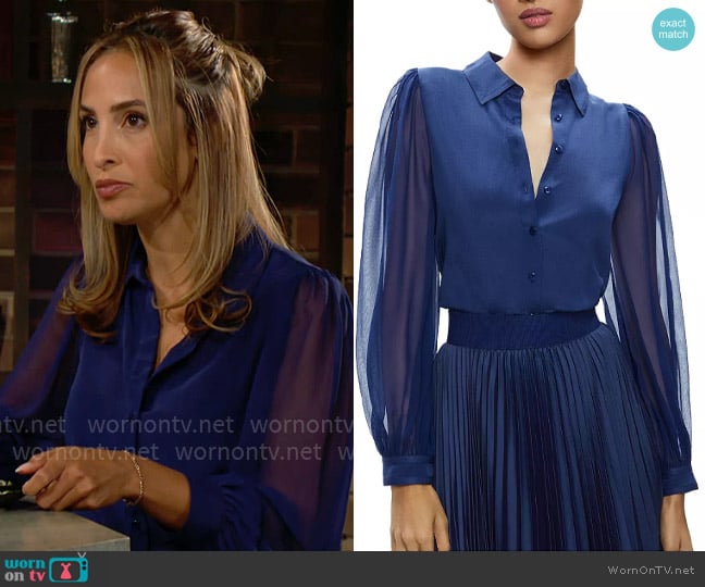 Alice + Olivia Roanne Blouson Sleeve Silk Blouse in Indigo worn by Lily Winters (Christel Khalil) on The Young and the Restless