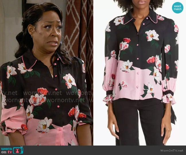 Alice + Olivia Willa Floral Blouse in After Dark worn by Tina Butler (Tichina Arnold) on The Neighborhood