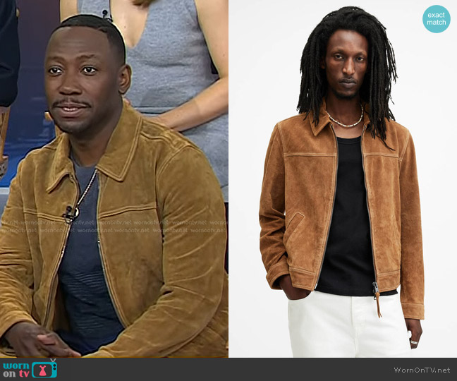 All Saints Marques Suede Jacket in Tobacco Brown worn by Lamorne Morris on Today