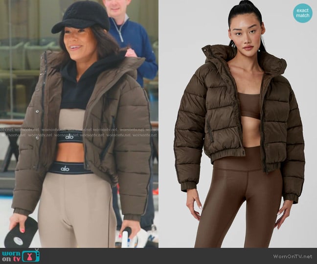 Alo Aspen Love Puffer Jacket in Espresso worn by Meili Workman on The Real Housewives of Salt Lake City