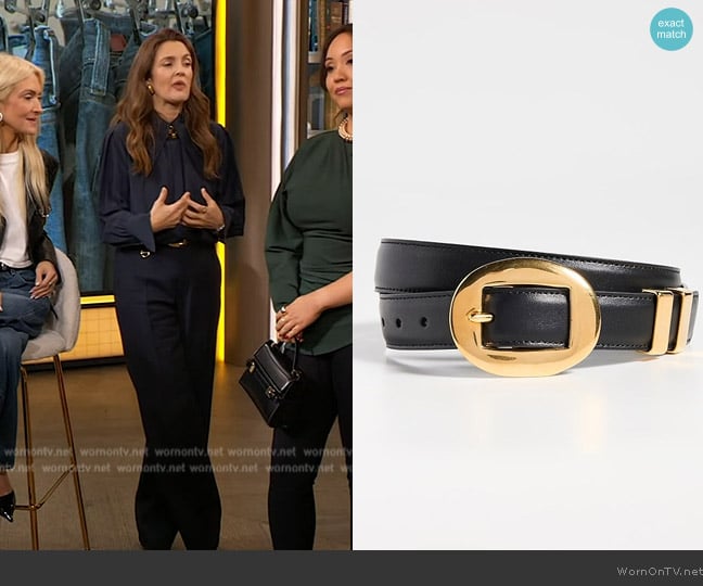 Altuzarra Vintage Brass Buckle Belt worn by Drew Barrymore on The Drew Barrymore Show