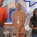 Amanda’s beige tweed short sleeve jacket and skirt set on The Talk