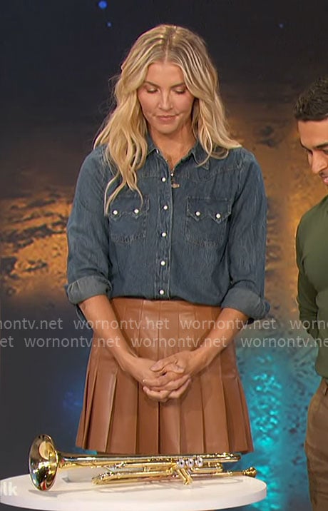 Amanda's denim shirt and pleated leather skirt on The Talk