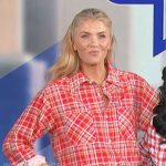 Amanda’s red plaid shirt and denim mini skirt on The Talk