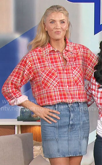 Amanda's red plaid shirt and denim mini skirt on The Talk