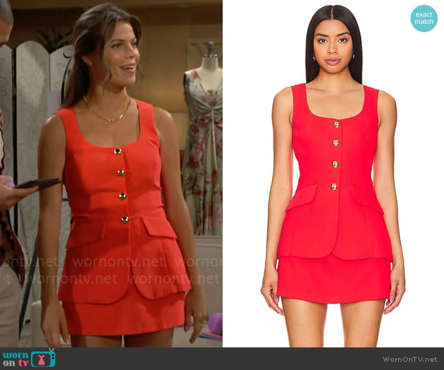 Amanda Uprichard Kya Romper in Crimson worn by Lainey (Heidi Grace Engerman) on The Bold and the Beautiful