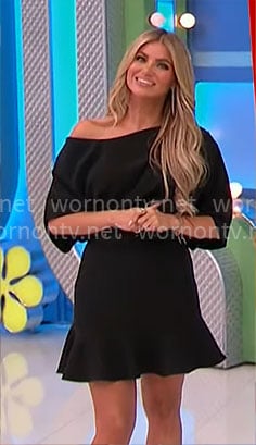 Amber's black draped shoulder mini dress on The Price is Right