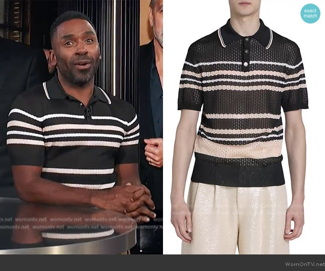 Amiri Striped Open-Knit Short-Sleeve Polo Shirt worn by Justin Sylvester on E! News