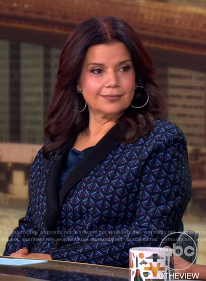 Ana's blue geometric knit blazer and pants on The View