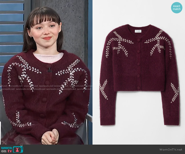 & Other Stories Embroidered Mohair-Blend Cardigan in Maroon worn by Violet McGraw on Access Hollywood