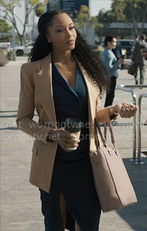 Andrea's blue dress and camel blazer on The Lincoln Lawyer