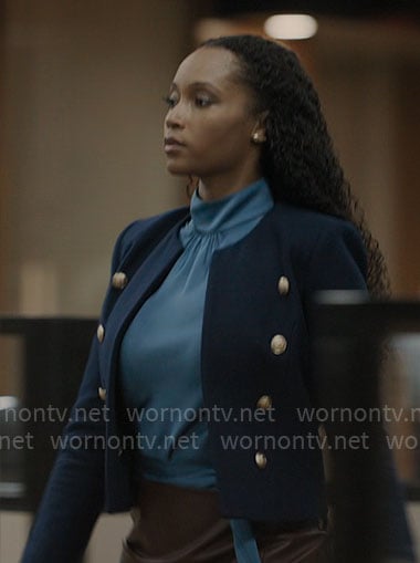 Andrea's navy jacket with gold buttons on The Lincoln Lawyer