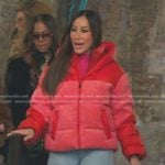 Angie’s pink and red corduroy down jacket on The Real Housewives of Salt Lake City