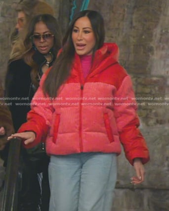 Angie’s pink and red corduroy down jacket on The Real Housewives of Salt Lake City