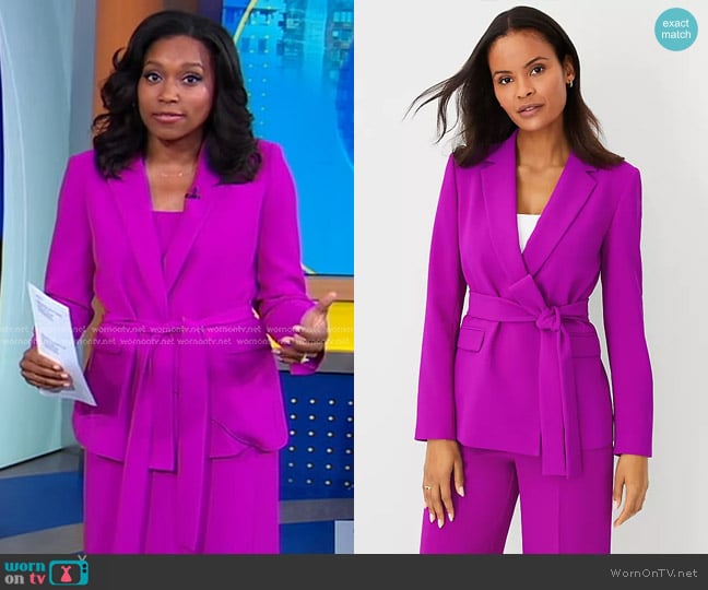 Ann Taylor Crepe Belted Blazer in Vibrant Magenta worn by Rachel Scott on Good Morning America