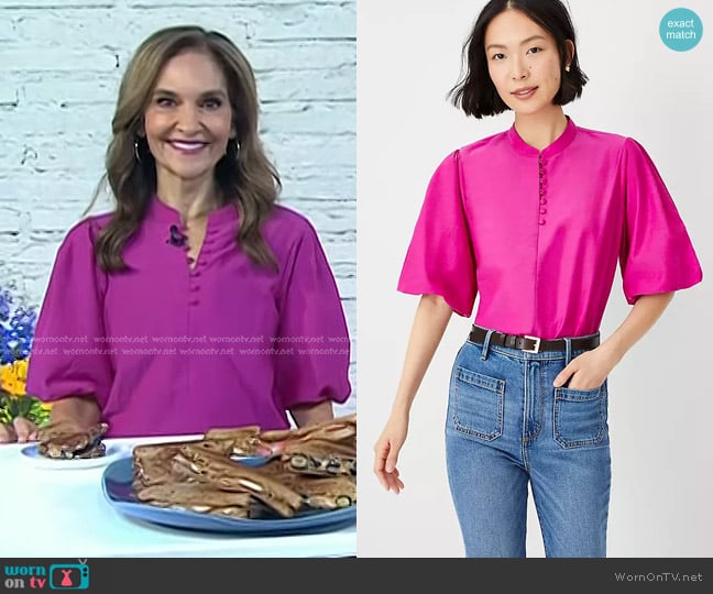 Ann Taylor Cotton Blend Pleated Sleeve Popover in Magenta Shadow worn by Joy Bauer on Today