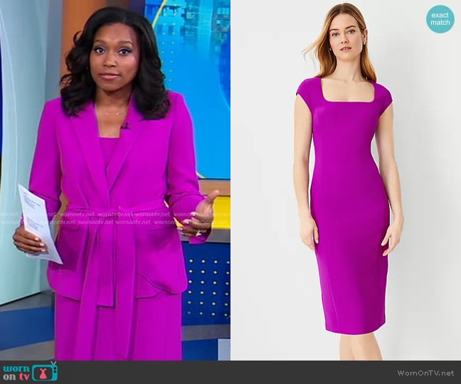 Ann Taylor Square Neck Cap Sleeve Sheath Midi Dress in Vibrant Magenta worn by Rachel Scott on Good Morning America