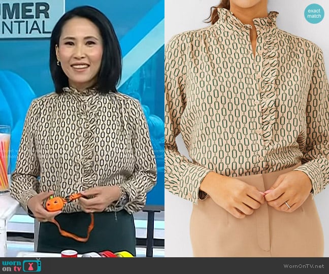 Ann Taylor Print Blouse with Ruffle Collar worn by Vicky Nguyen on Today