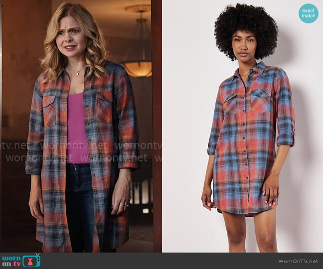 Apricot Sunset Plaid Shirtdress worn by Sam (Rose McIver) on Ghosts