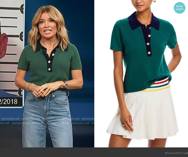 Aqua Contrast Collar Cashmere Short Sleeve Polo Sweater worn by Kit Hoover on Access Hollywood