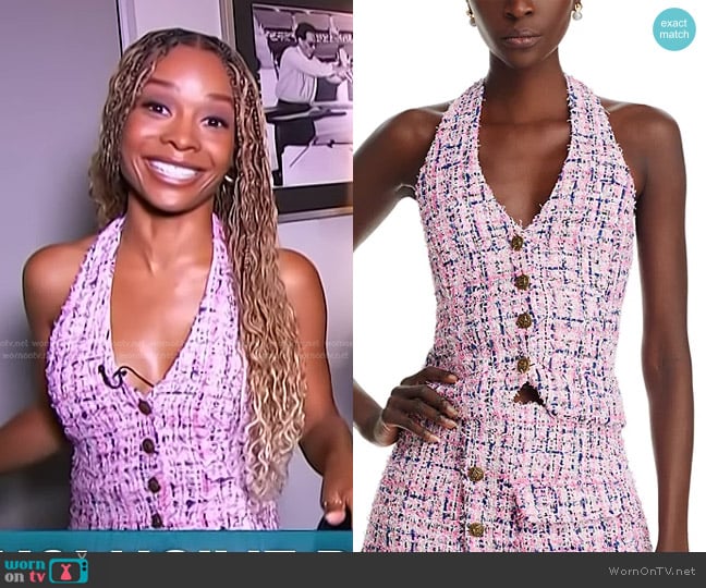 Aqua Tweed Halter Vest worn by Zuri Hall on Access Hollywood