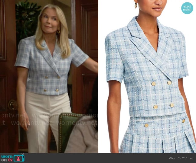 Aqua Tweed Short Sleeve Blazer in Heather Blue worn by Brooke Logan (Katherine Kelly Lang) on The Bold and the Beautiful