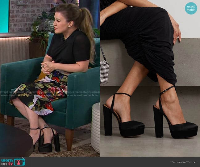 Aquazzura So High Plateau Satin Platform Pumps worn by Kelly Clarkson on The Kelly Clarkson Show