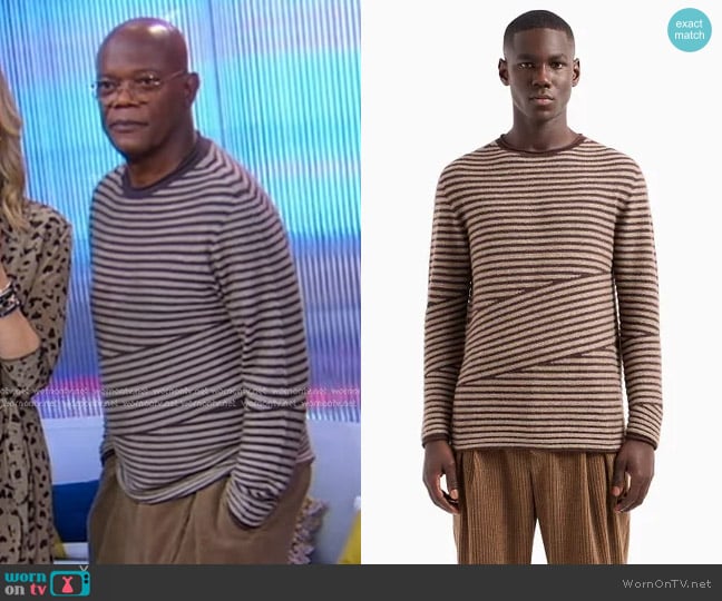 Giorgio Armani Crew-neck Jumper in virgin wool, cashmere and bouclé silk in Brown worn by Samuel L. Jackson on Good Morning America