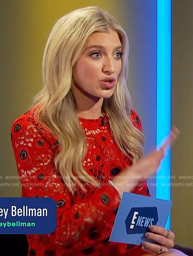 Ashley Bellman's red floral crochet knit top and skirt on E! News