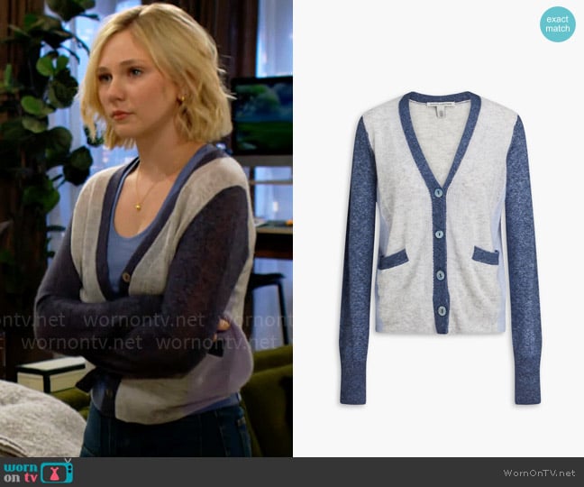 Autumn Cashmere Color-block cashmere and silk-blend cardigan worn by Lucy Romalotti (Lily Brooks O’ Briant) on The Young and the Restless