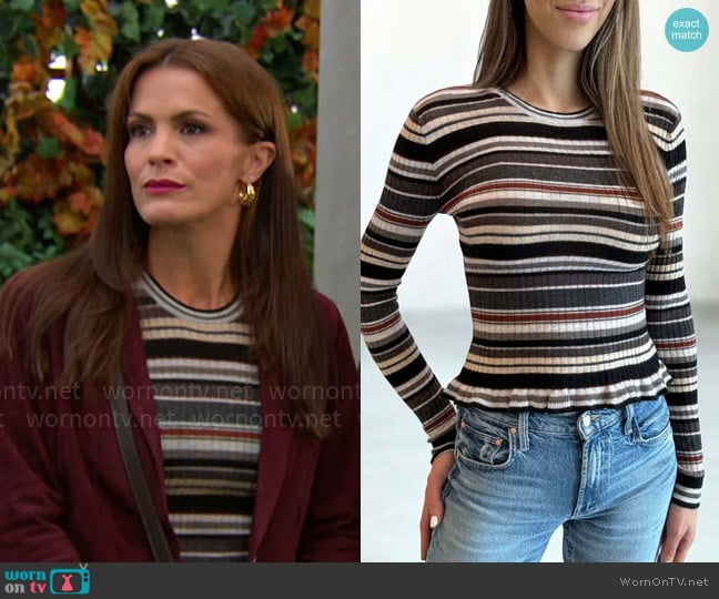 Autumn Cashmere Striped Rib Crew W/ Ruffle Edge - Neutral Combo worn by Chelsea Lawson (Melissa Claire Egan) on The Young and the Restless