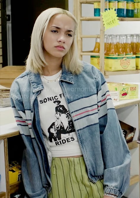 Ava's striped denim jacket and graphic t-shirt on High Potential