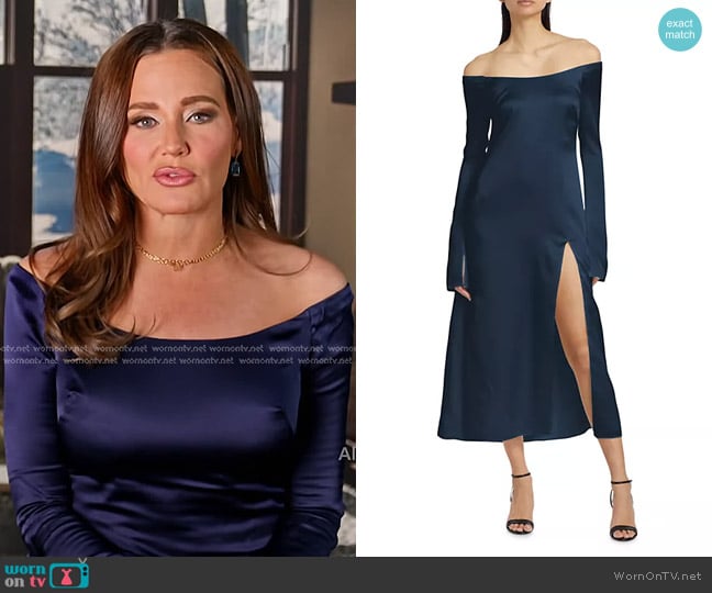 Azeeza Katrina Silk-Blend Off-the-Shoulder Midi-Dress worn by Meredith Marks on The Real Housewives of Salt Lake City